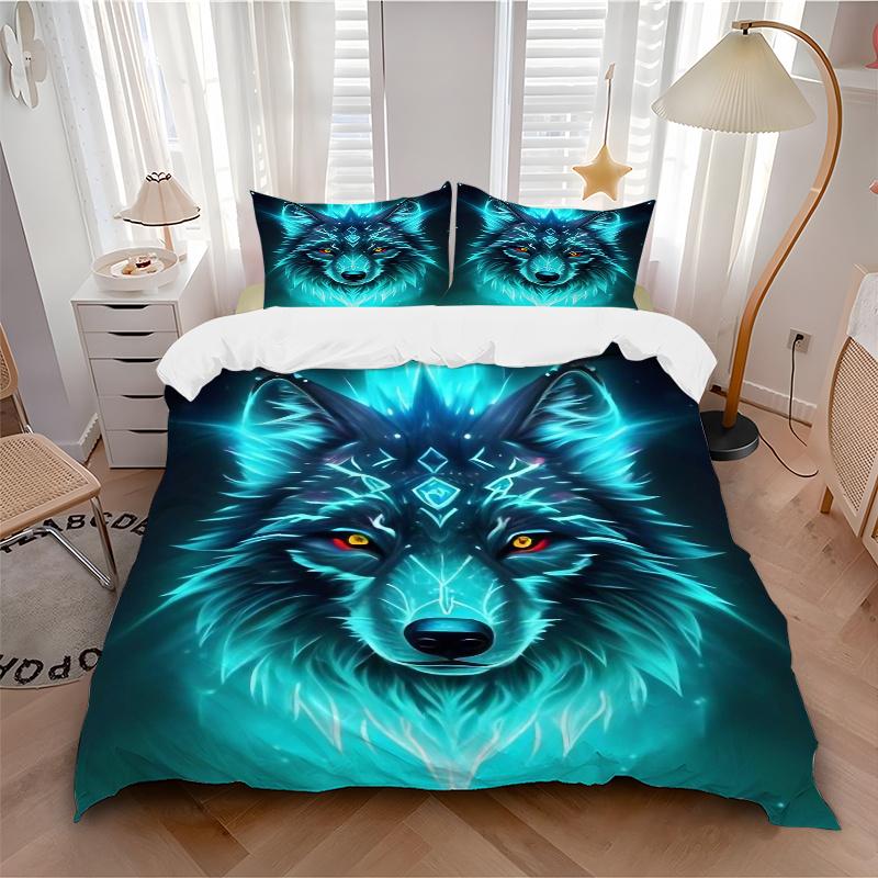 3pcs Mystical Beast with Glowing Blue Fur Wolf Quilt Set Cartoon Themed Bed Quilt Set Lovely Character Bedroom Decor Bed Quilt