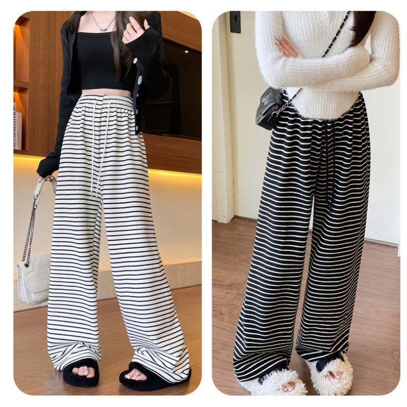 Striped Towel Wide-leg Pants Women's Spring and Autumn New High Waist Drape Loose Sports Cream Straight Casual Pants