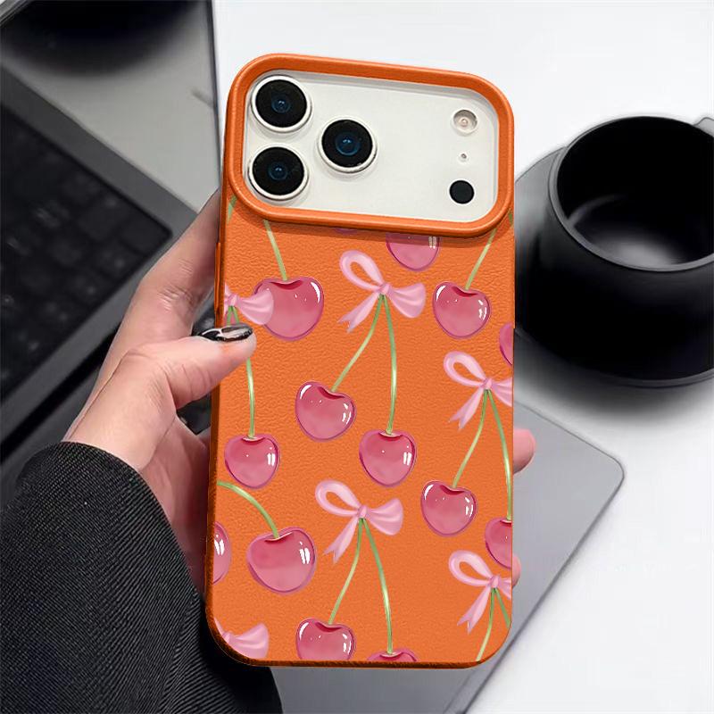 Чехол со Стразами и Узором из Вишневых Ягод и Бантов Для iPhone 17 Pro Max Мягкий Силиконовый Чехол с Текстурой Кожи Для iPhone 16 15 14 13 Pro 12 11 16E Air