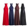 European & American Style Women's Autumn Halter Neck Silk Satin Dress