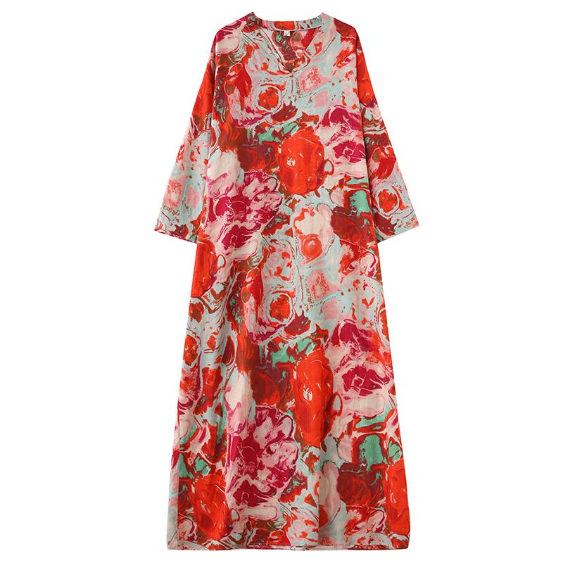 Dimanaf 2025 Женское Весеннее Свободное Платье Плюс Размер Винтаж Элегантный V-образный вырез Льняное Повседневное Базовое Цветочное Новое Длинное Платье