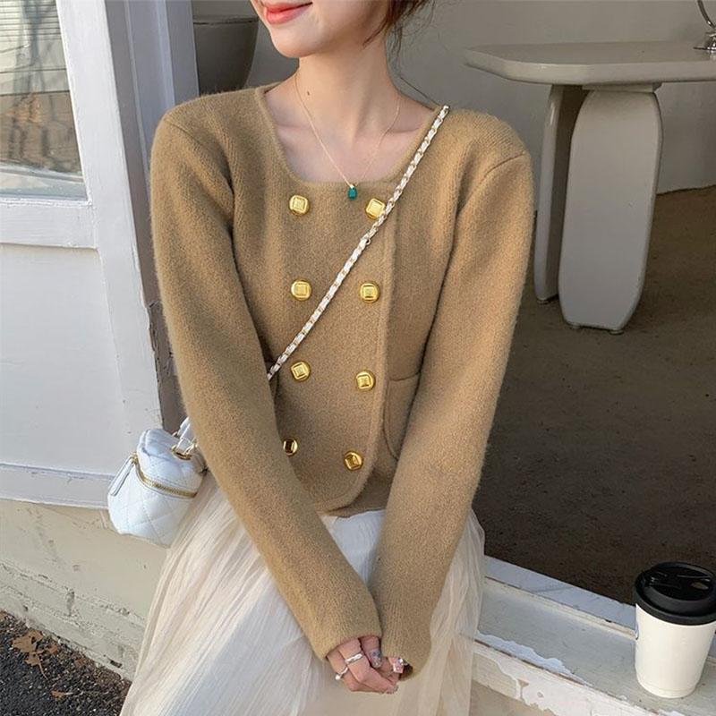 Двубортный вязаный кардиган, женский свитер, осень и зима 2023, французский кардиган с короткими рукавами, пальто, женские топы