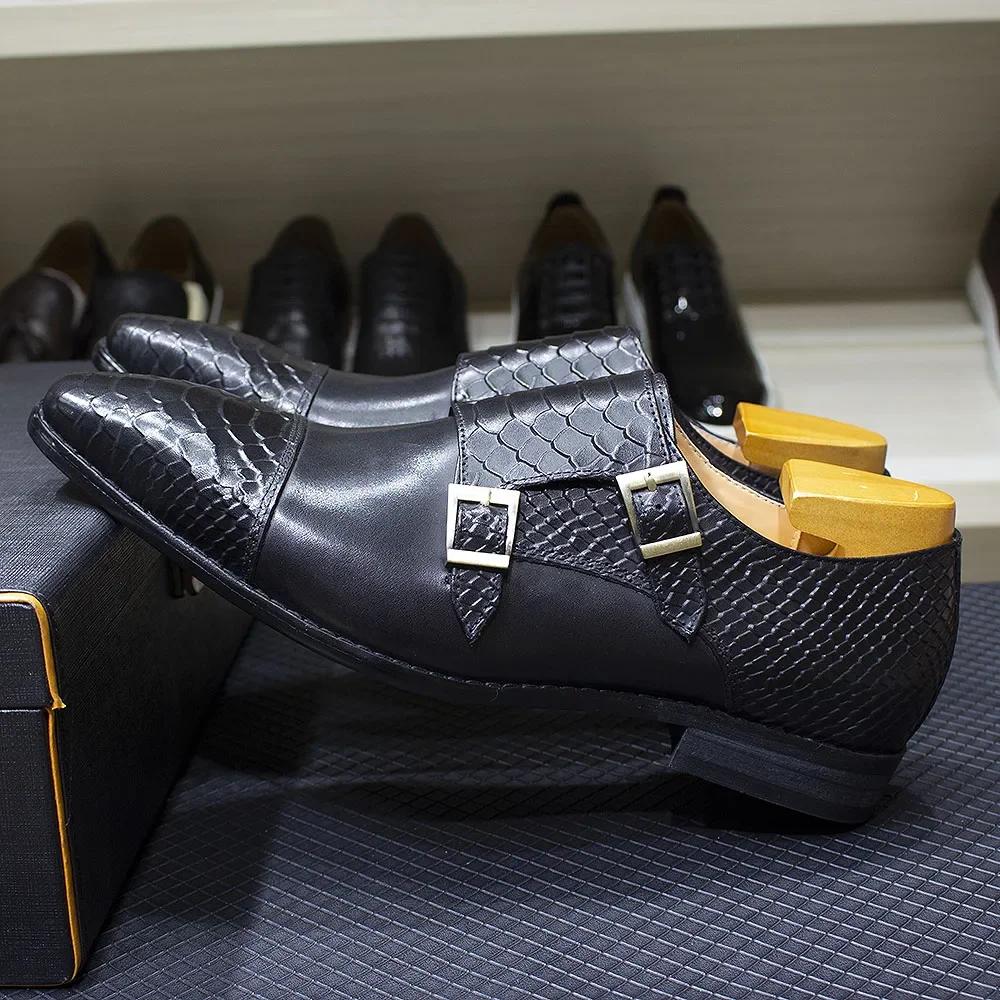 Модные Роскошные Туфли-Монки с Двойной Пряжкой для Мужчин из Натуральной Кожи Классический Узор Крокодила Формальная Деловая Офисная Обувь