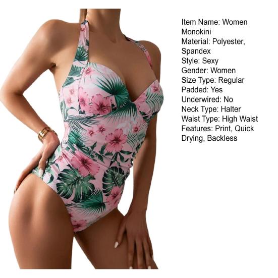 Women Summer Sexy Monokini Halter Backless Floral Print One-piece Swimsuit Quick Drying
