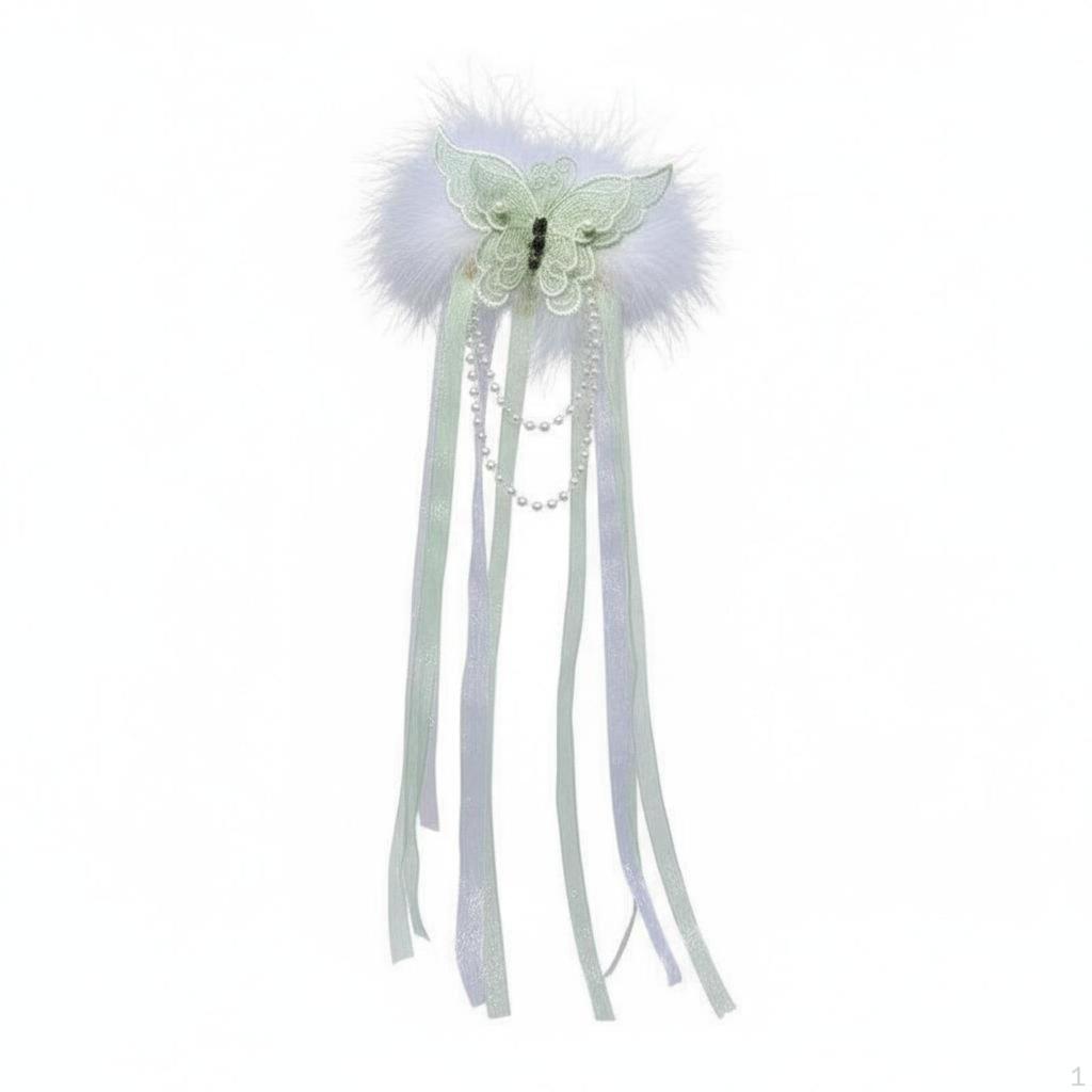 Butterfly Feather Hair Clip Pearl Chain Detail Ancient Design Barrette Traditional Chinese