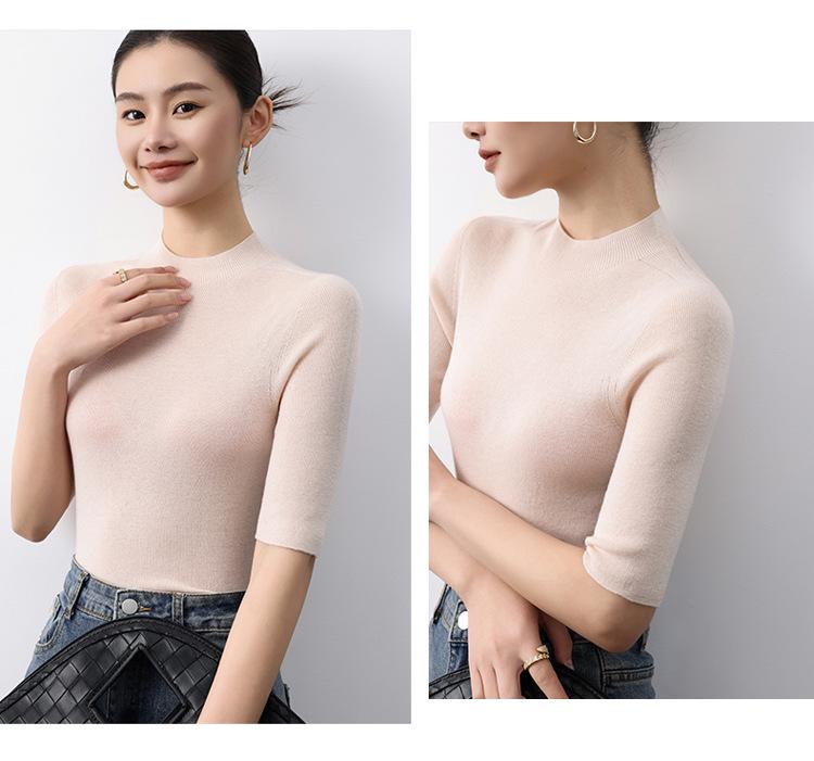 Ancola Women's Red Slim-Fit Wool Cardigan, Half-High Neck, Short Sleeves - 2025 Spring/Summer Thin Style Knitted Base Layer.