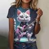 Summer Round Neck 3D Print Cartoon Rock Cat Pattern Top Fashionable Casual Short Sleeved Women's T-shirts