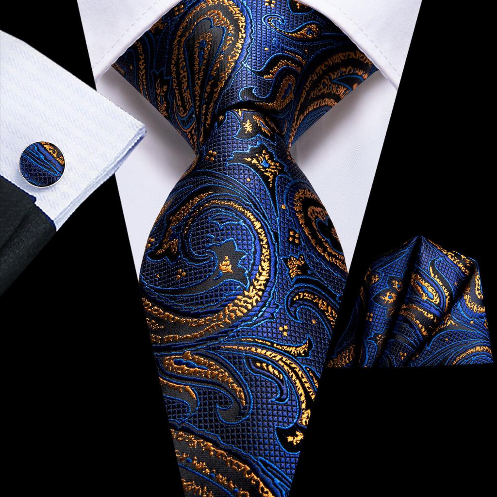 Hi-Tie Dark Gold Plaid Jacquard Mens Silk Tie Classic Necktie Cufflink Hanky Set