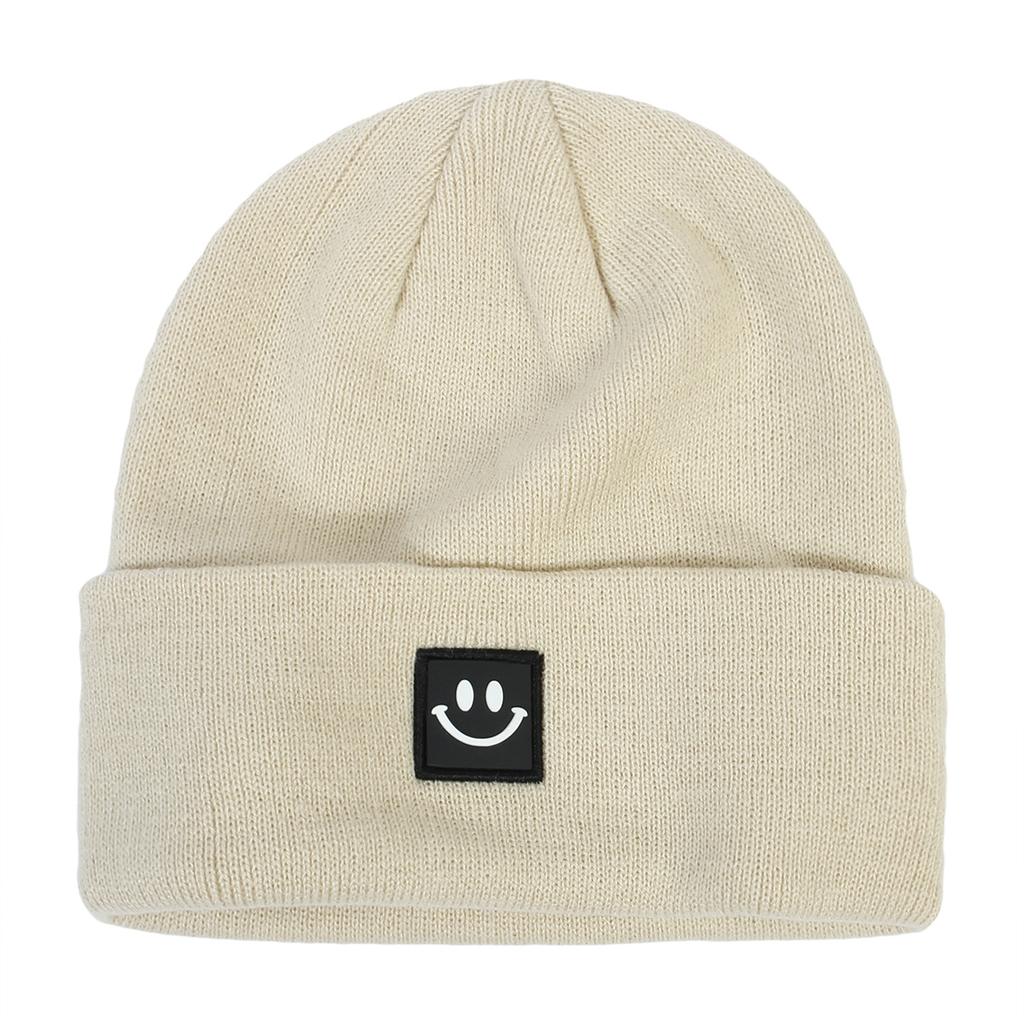 Women's Fashion Smiley Face Logo Hat Solid Color Knitted Hat Casual Outdoor Warm Beanie Men's Winter Hat