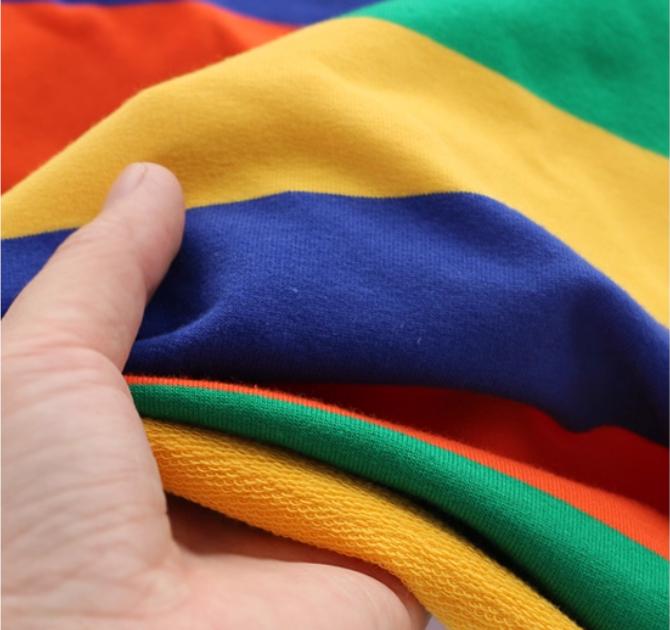 Радужная полосатая вязаная ткань на метраж для футболки, летней юбки, детской одежды, шитья кукол, хлопковая, тонкая, эластичная, мягкая ткань