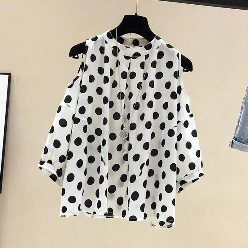 Шифоновая рубашка с открытыми плечами и короткими рукавами, большой размер, свободная и тонкая верхняя часть живота, волнистая шифоновая рубашка с открытыми плечами и короткими рукавами для женщин