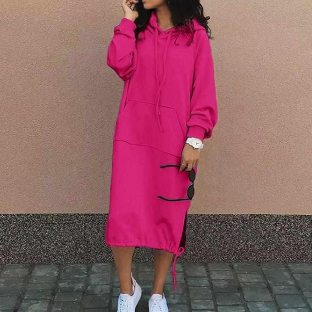 Women's Long Sleeve Casual  Hoodie Sweatshirts Side Slip  Pullover Dress With Pocket