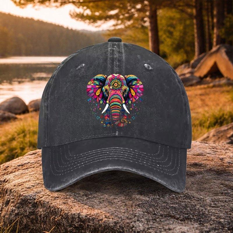 HandPainted Elephant Pattern Washed Baseball Cap for Golf Casual Outdoor Unisex Unisexs Hat