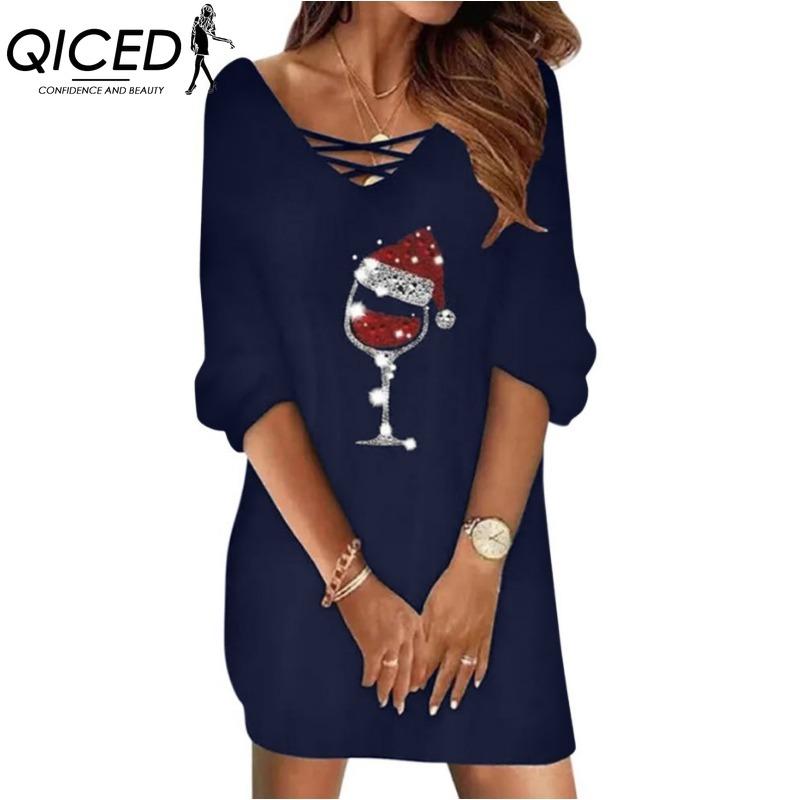 QICED Женская мода весна осень однотонный принт с длинным рукавом и v-образным вырезом с высокой талией повседневные платья