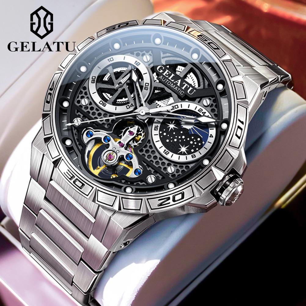 GELATU Men's Watches Luxury Fashion 316L Stainless Steel Self-winding Automatic Mechanical Wristwatch Waterproof Moon Phase 24h