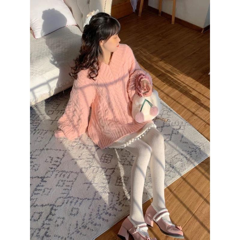 Winter Pink Kawaii Pullover Sweater Women Bow Loose Knitted Sweater Female Casual Korean Fashion Warm Sweet Sweater 2024 New