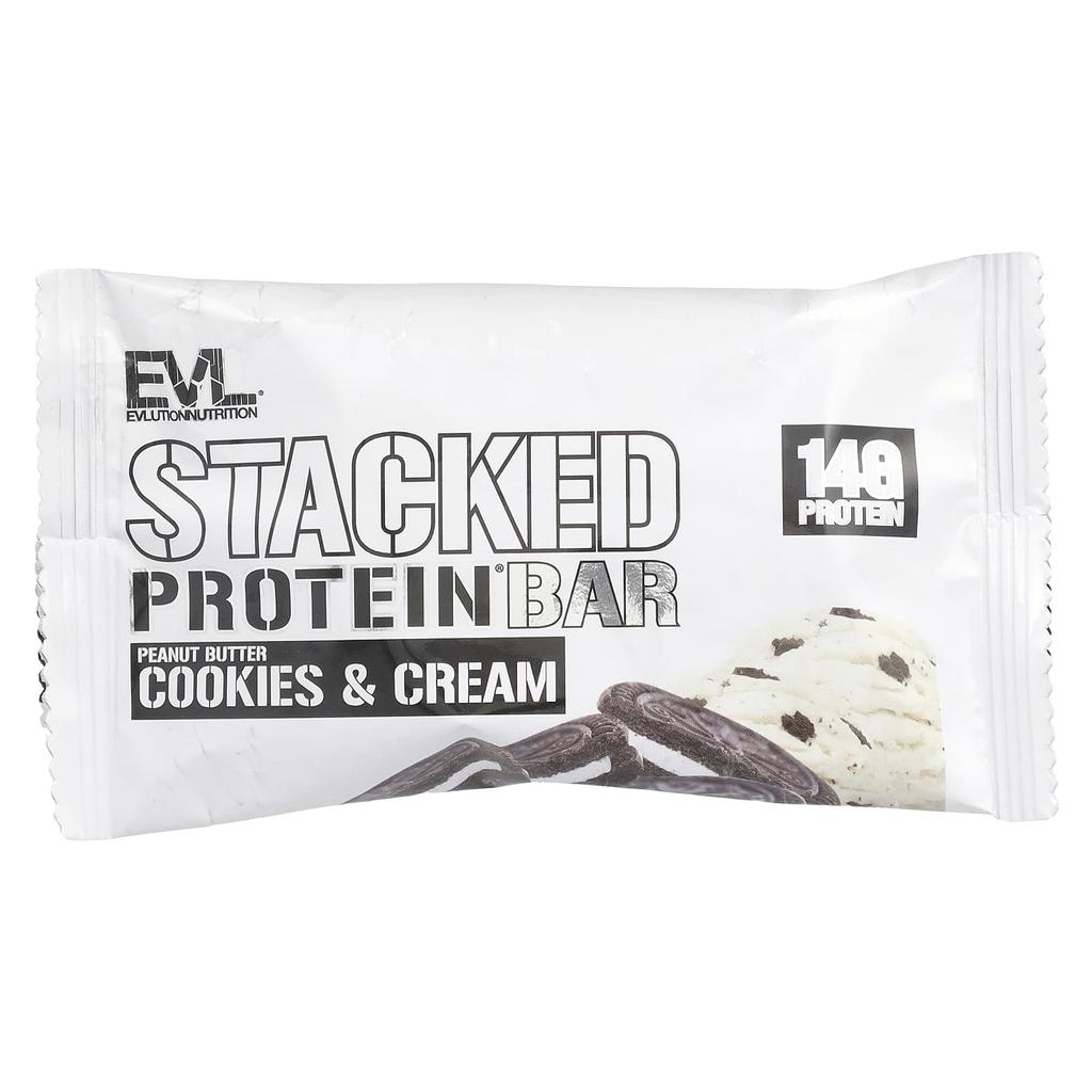 EVLution Nutrition Stacked Protein Bars, Peanut Butter Cookies & Cream, 2 Bars, 2.29 Oz (65 G) Each