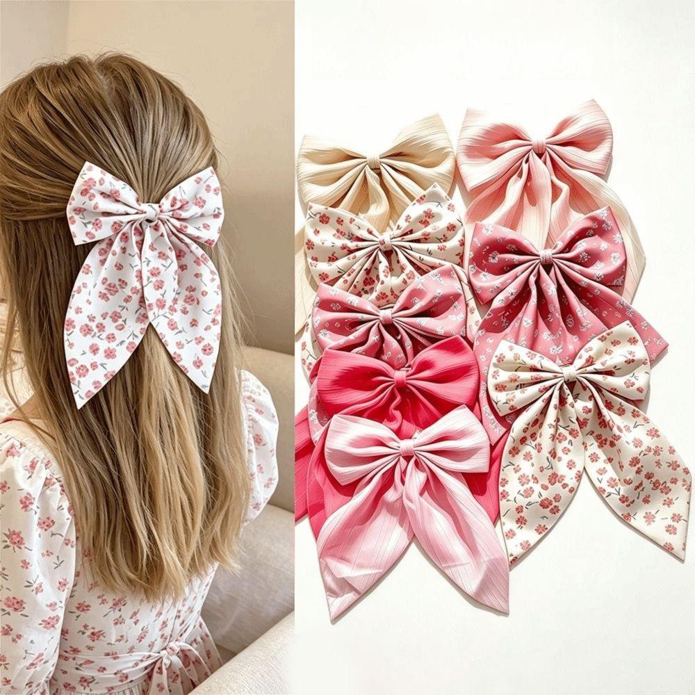 8Pcs Ribbon Tail Floral Print Bow Hair Clips Fabric Ribbon Spring Clips Daily Wear