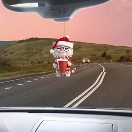 Украшение на рождественскую елку Рождественская фигурка кота с подвеской в шапке Санты 2D Плоское акриловое подвесное украшение для зеркала заднего вида автомобиля Дерево