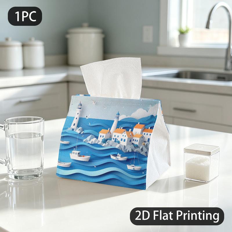 1pc Tissue Box, PAPERCUT COASTAL HARBOR SERENE CHARM Pattern, 2D Flat Printing, Dust-Proof, Portable, Tissue Dispenser, for Coffee Table