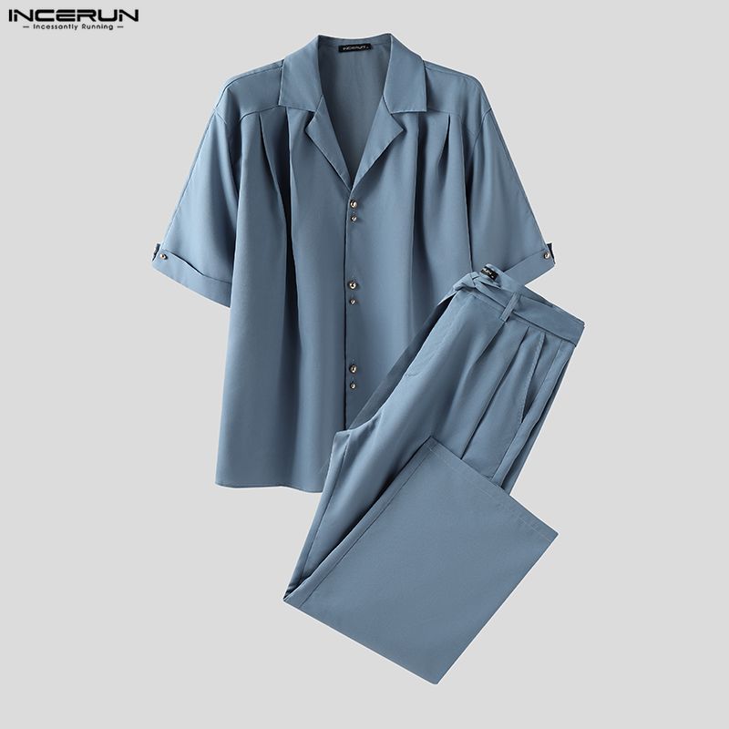 INCERUN Комплекты из двух предметов для мужчин с лацканами, с коротким рукавом, в полоску, рубашка, длинные брюки