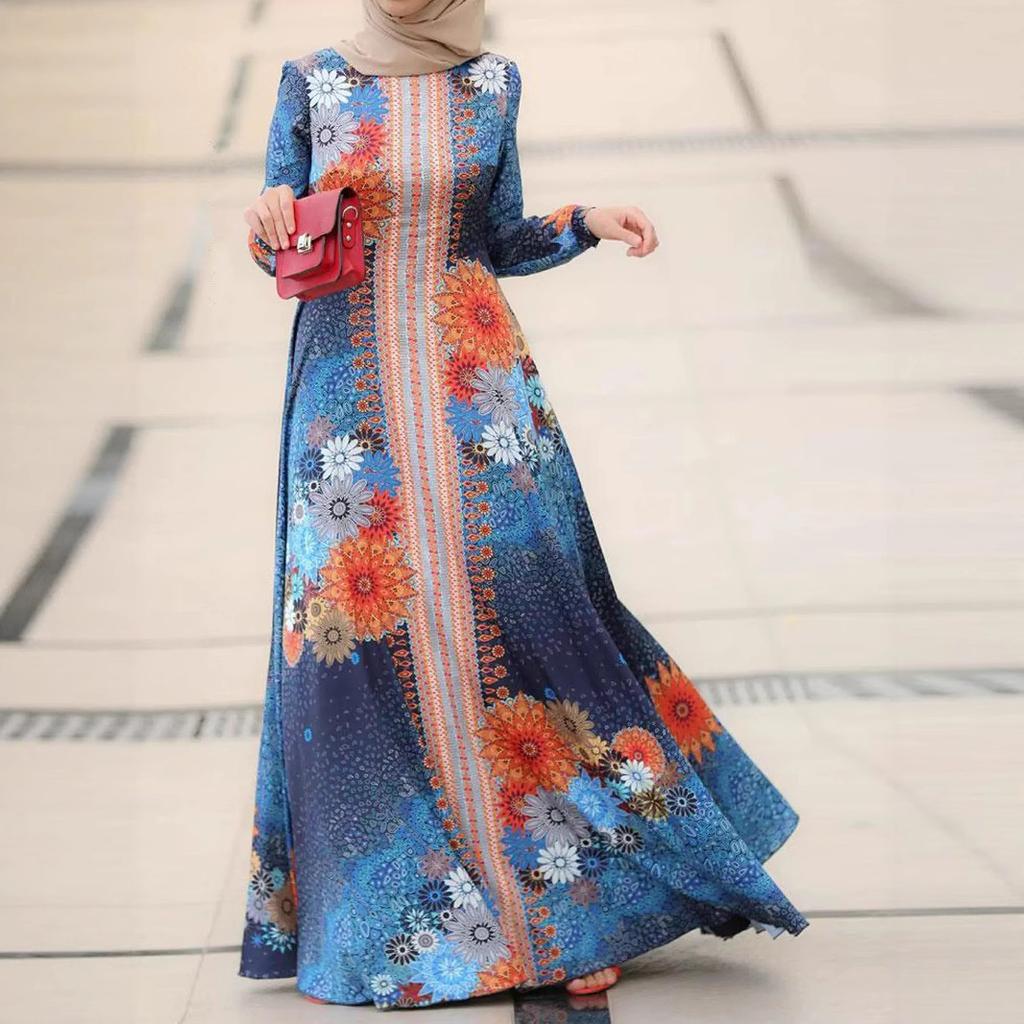 Женское элегантное длинное платье с круглым вырезом и длинными рукавами