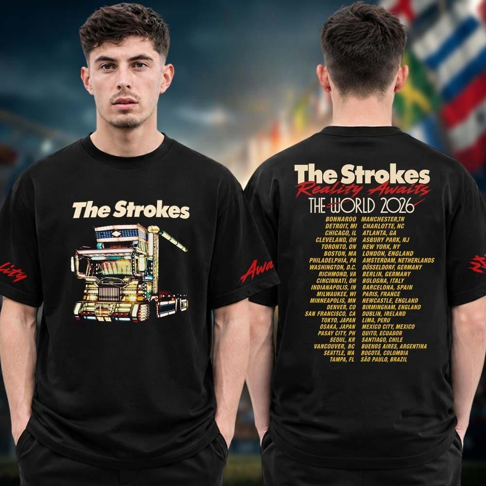 The Strokes Reality Awaits North America Tour Double Sided Graphic Tshirt Indie Rock Concert Merch Unisex Casual Short