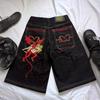 Unisex Streetwear Mens Womens Jeans Hip Hop Demon Devil Pattern Embroidered Trousers Harajuku Casual Straight Baggy Jeans Shorts