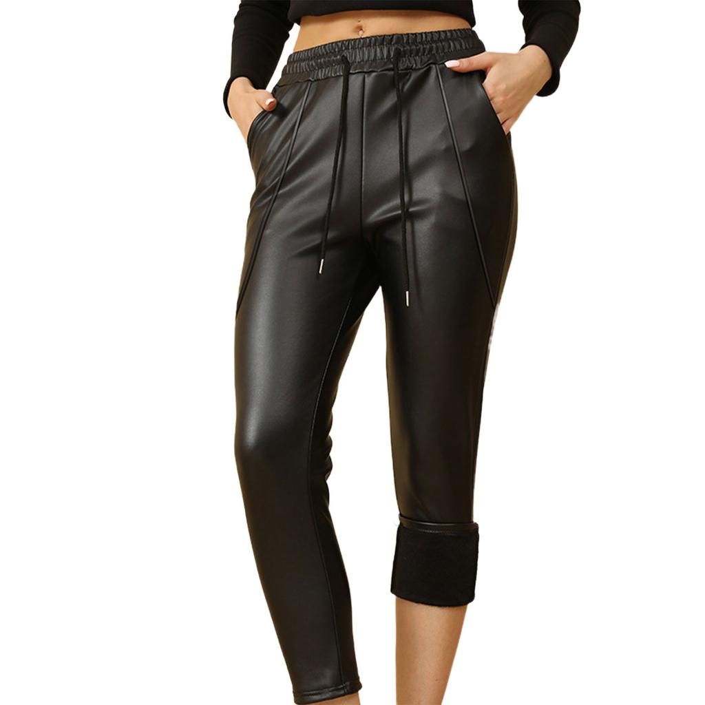 Женские повседневные кожаные брюки свободного кроя с высокой талией и флисом, повседневные брюки с маленькой ногой