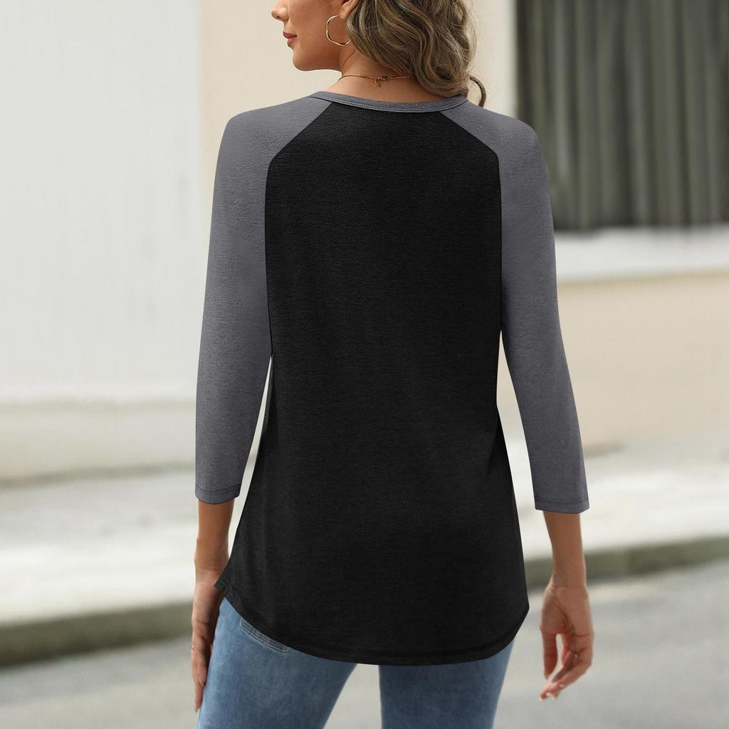 Жен. Футболка С принтом Пуговицы Рукав 3/4 Повседневные Выходные Мода Классический Классический V-образный вырез Обычный Верх