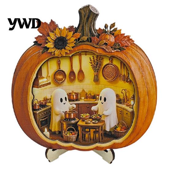 Spooky Cute Halloween Figurines Ghost Pumpkin Tabletop Sign, Wooden House with Mini Decorative Holiday Shelf Accents Scene, Fall Harvest Desktop