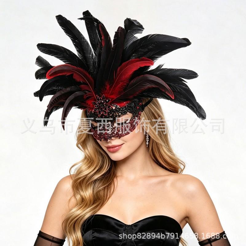 Halloween Detachable Feather Gradient Half Face Mask With Rhinestones Sexy Party Accessory