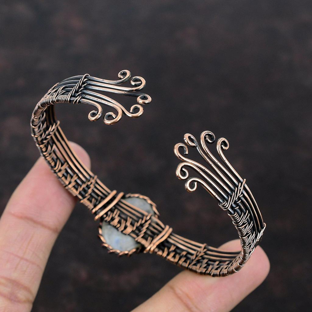 Радужный лунный камень медный браслет-манжета браслет из медной проволоки ручной работы регулируемый браслет ювелирные изделия из драгоценных камней проволочный браслет-манжета уникальный браслет