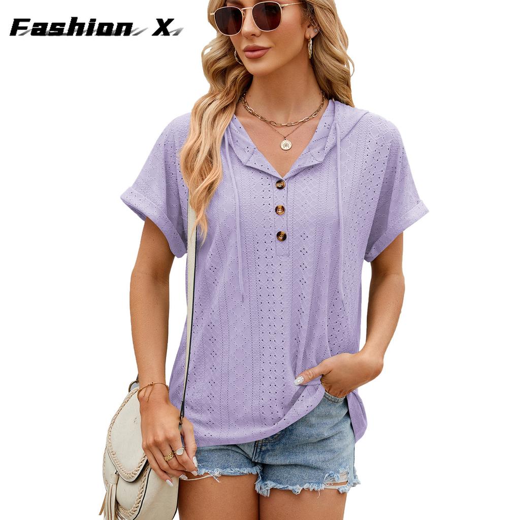 2024 весна и лето, новая однотонная свободная футболка с короткими рукавами и пуговицами, топ для женщин