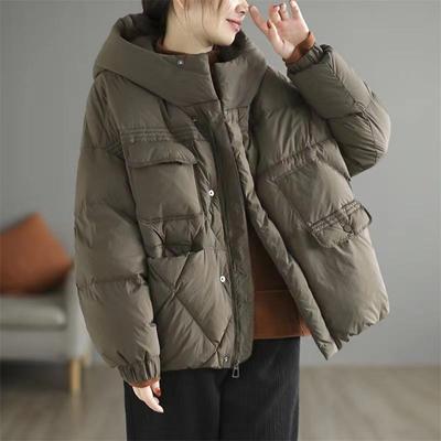 Короткая зимняя куртка-пуховик для женщин, модное теплое пальто с капюшоном из белого утиного пуха