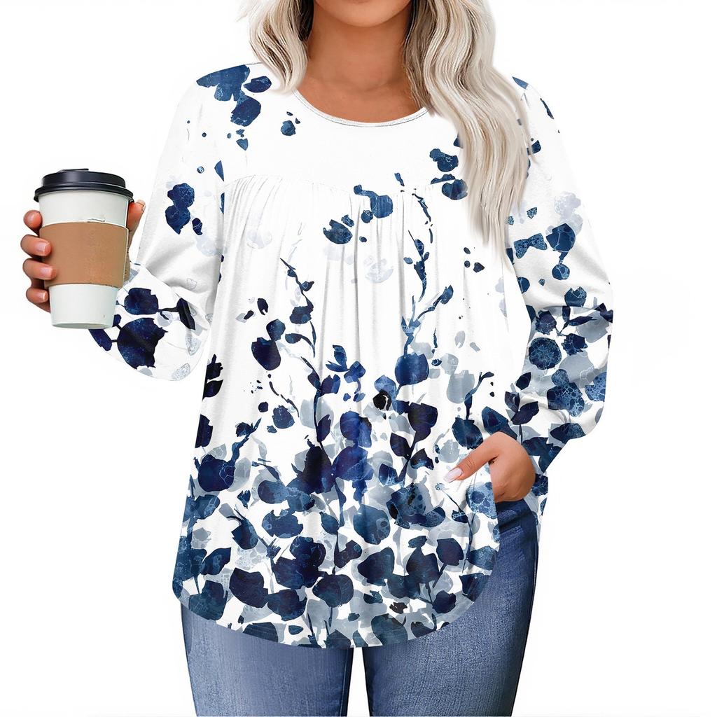 Womens Plus Size Tops Long Sleeve Shirts Round Neck Flowy Tunic Casual Loose Blouse L-5X