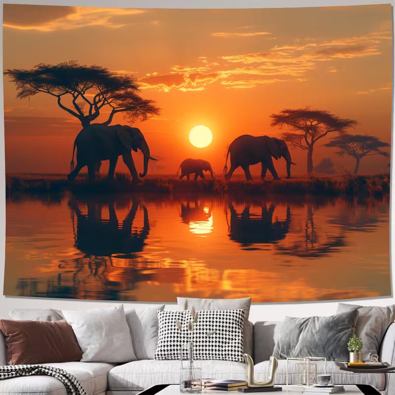 2D Serengeti Sunset Elephant Tapestry, Nature Animal Scenery Wall Hanging for Home Decor