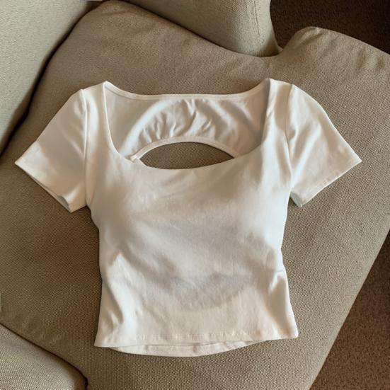 Женская футболка с квадратным воротником и коротким рукавом, с вырезом на спине, однотонная облегающая укороченная футболка, повседневная одежда