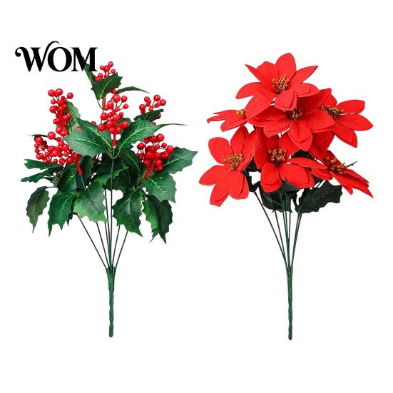 Maintenance Free Artificial Plant Decor Poinsettia Flowers, Christmas Red Bouquet with Berries, Faux Silk Vibrant Bunch for Home Floral Stems