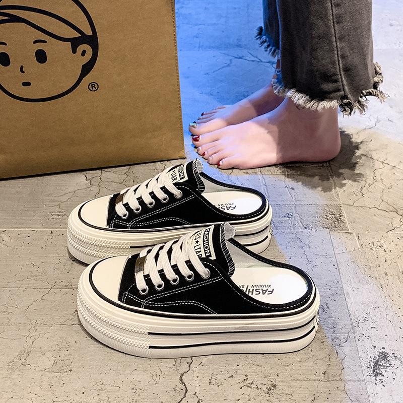 Baotou half slippers women without heels lazy canvas board shoes platform casual slippers casual slippers