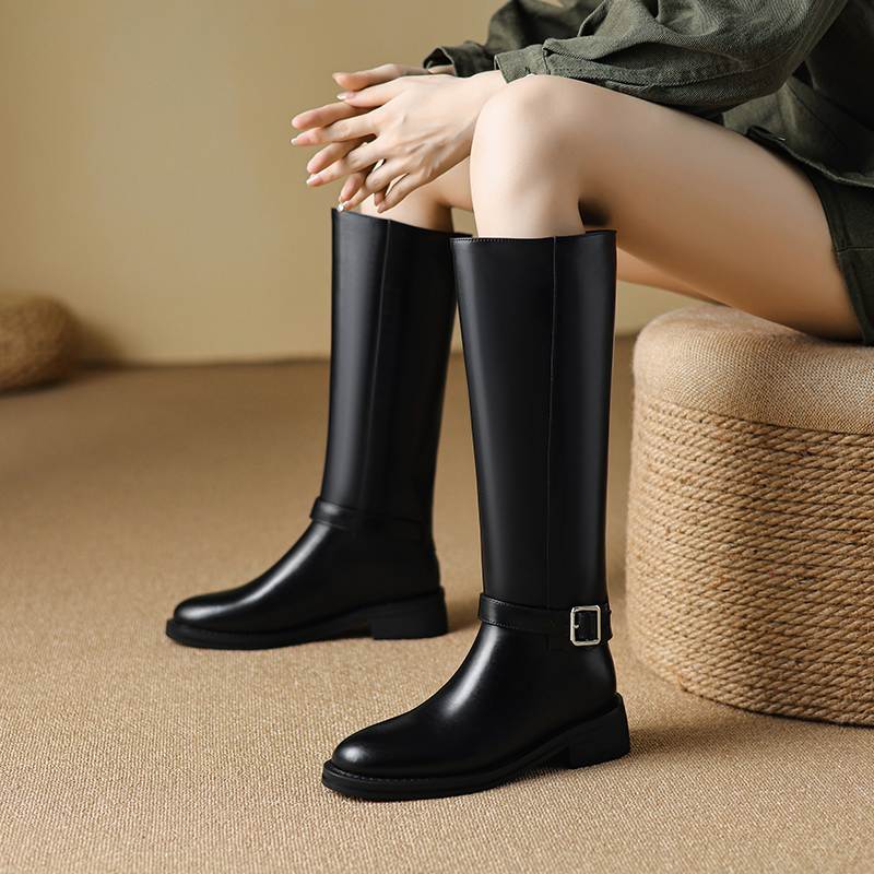 Krazing Pot Cow Skin Autumn Winter Shoes Riding Boots Round Toe Keep Warm Metal Square Buckle Med Heels Thigh High Boots
