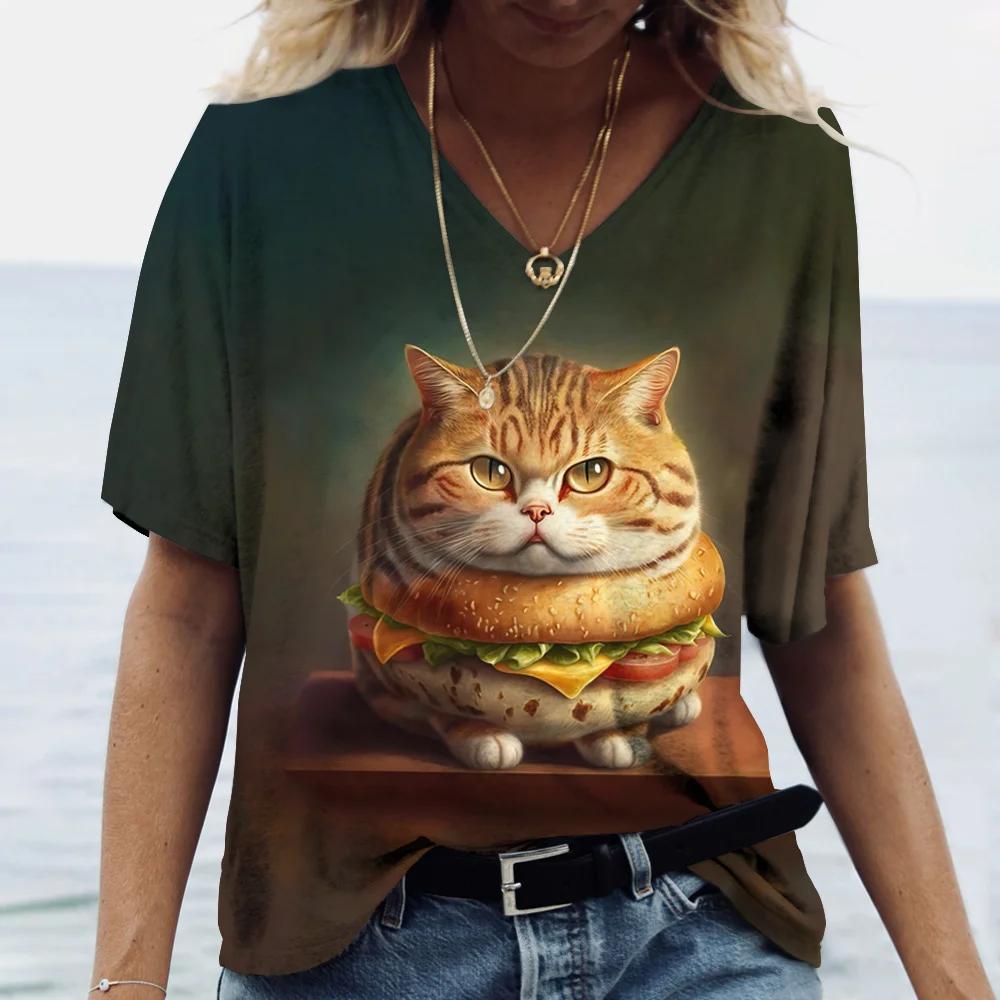 Fashionable Women's T-Shirts Cute Kitten 3D Print Girl Summer Harajuku Loose Casual Clothing Kawaii V-Neck Short Sleeve T-Shirts