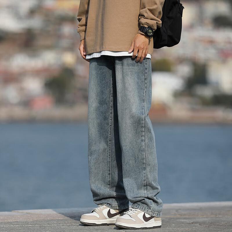 Мужские джинсы Homlean American High Street, выстиранные, свободного кроя, с прямыми штанинами