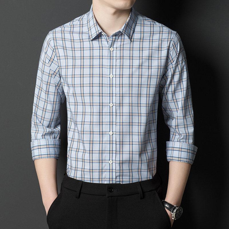 Весенний новый стиль, мужская рубашка с лацканами для молодежи и среднего возраста, повседневная свободная дышащая рубашка в квадратную клетку большого размера