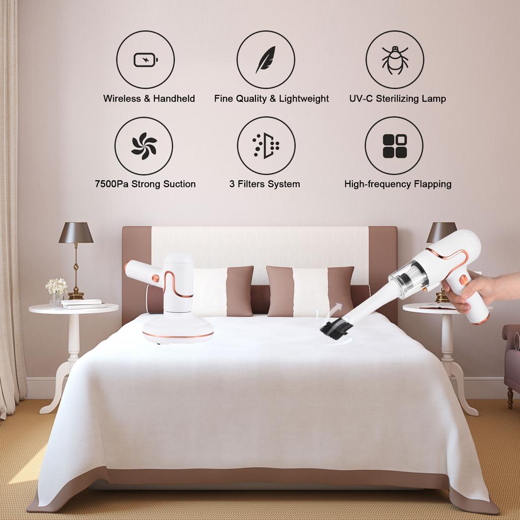Bed Mattress Vacuum Cleaner Handdeld UV Lamp Sterilization Strong Suction 8000 Times/min Beats for