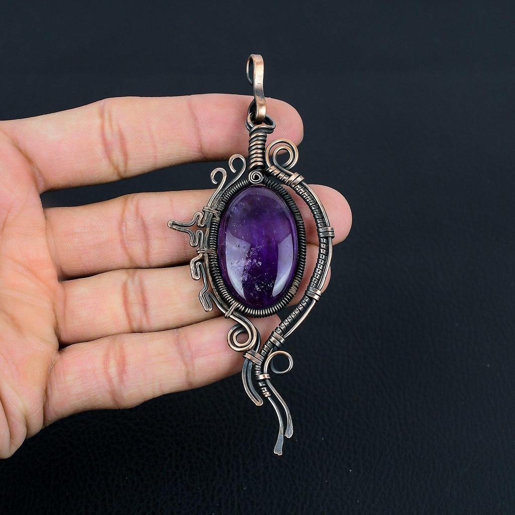 Gorgeous Amethyst Gemstone Handmade Pure Copper Wire Wrap Jewelry Pendant For Gift