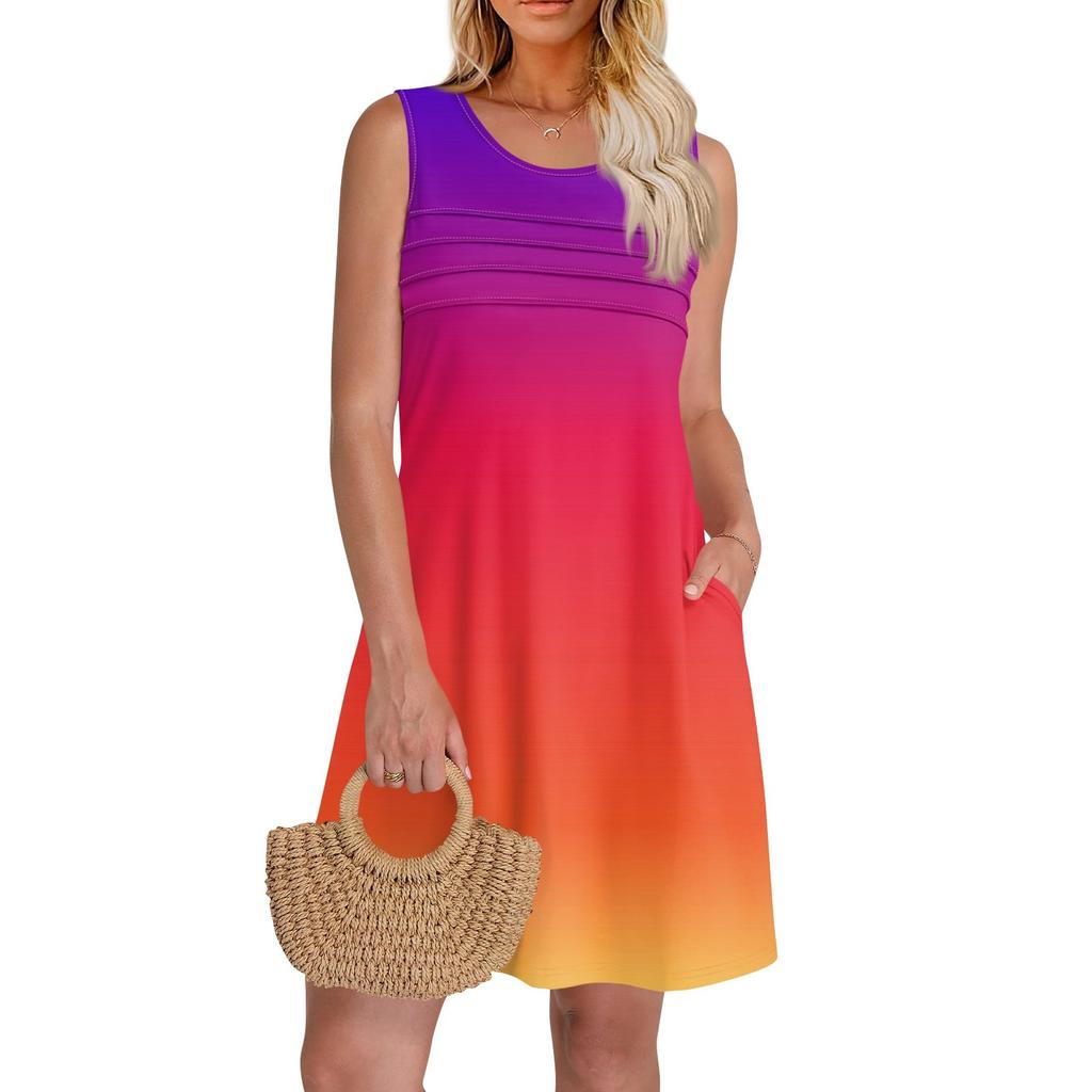 Женские летние платья с круглым вырезом, плиссировкой спереди, без рукавов, карманами, сарафаном, повседневным платьем