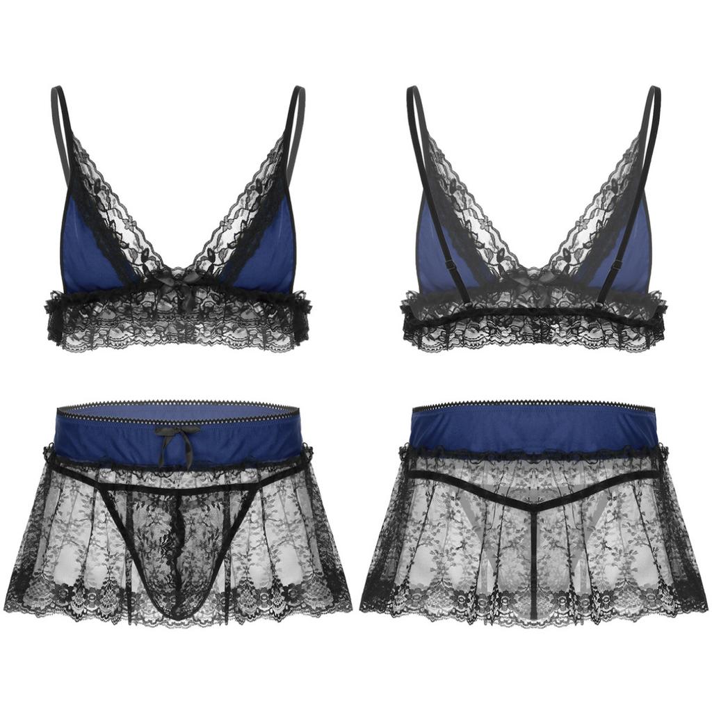 Mens Lingerie Bra Set Ruffles Lace Nightie Dress Sissy Panties Nightwear Crossdress Bra