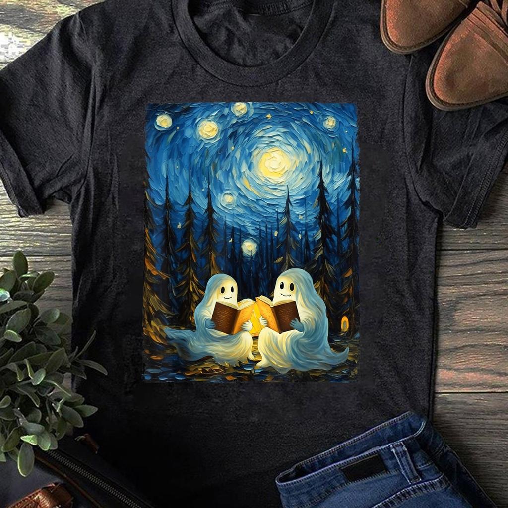 Starry Night Ghost Reading T-Shirt - Funny Halloween Tee