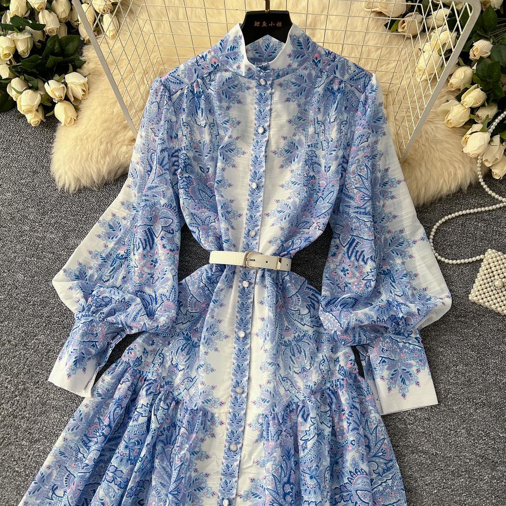Spring Autumn Women Big Size Print Single Breasted Long Maxi Loose Seaside Holiday Beach Dresses with Belt